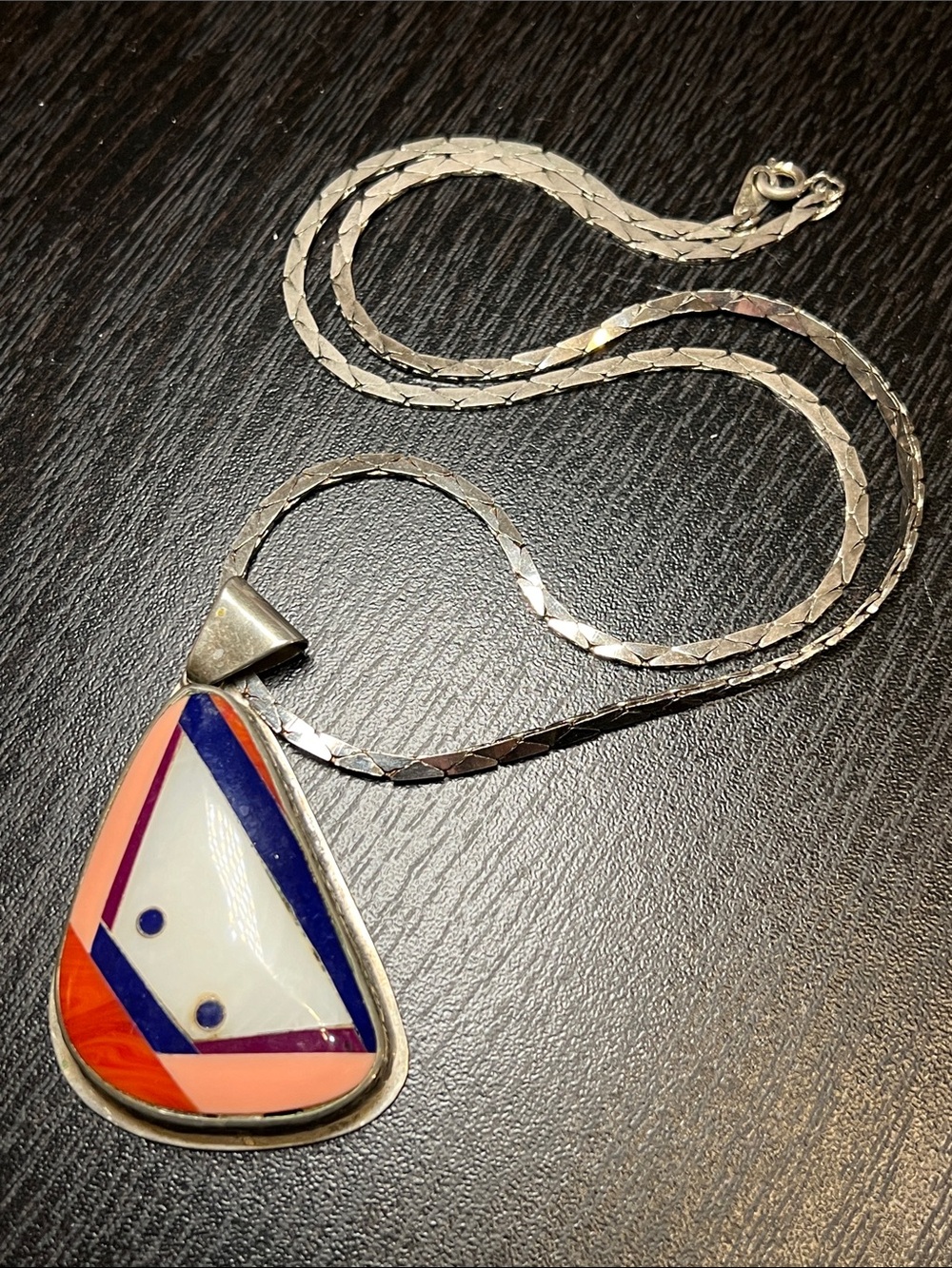 Vintage Southwestern Style Silver Inlaid Signed DP Statement Pendant Necklace